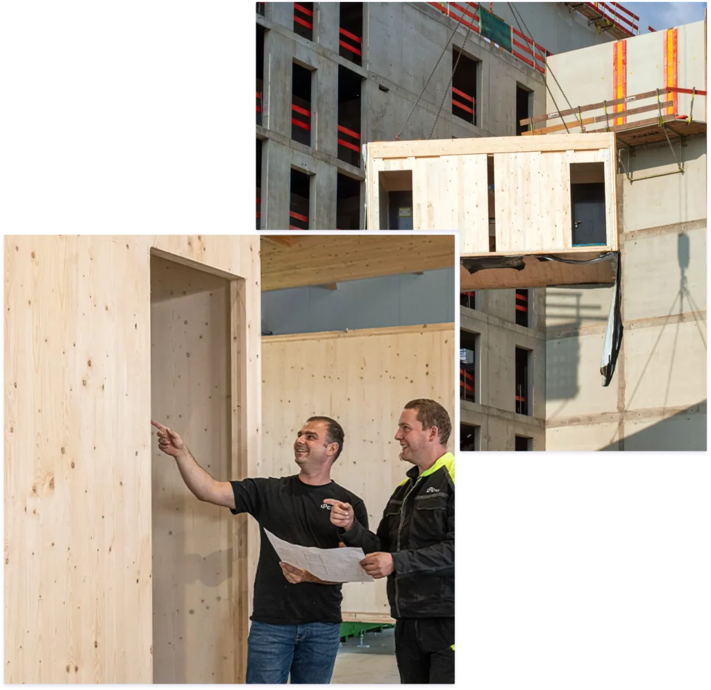 Hoher Vorfertigungsgrad der Brettsperrholz-Elemente ermöglicht schnellen Modulbau aus Holz und bezugsfertige Modulsysteme